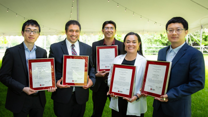  (left to right) Linjun Zhang, Statistics, School of Arts and Sciences, Edward DeMauro, Mechanical and Aerospace Engineering, School of Engineering, Umer Hassan, Electrical and Computer Engineering, School of Engineering, Nichole Garcia, Educational Psychology, Graduate School of Education, and Yongfeng Zhang, Computer Science, School of Arts and Sciences.